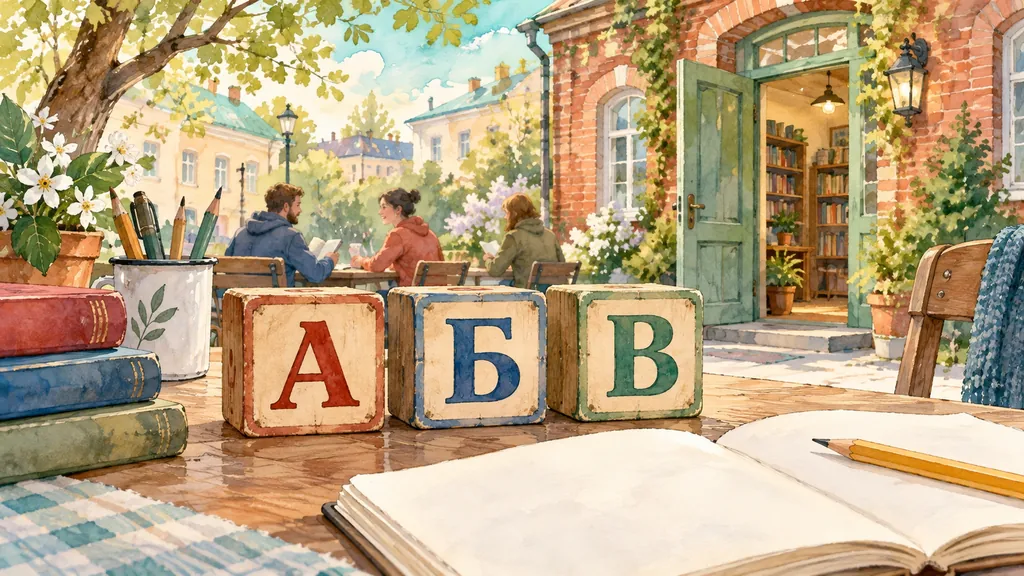 Illustrated Cyrillic letter blocks in Davai’s opening chapter