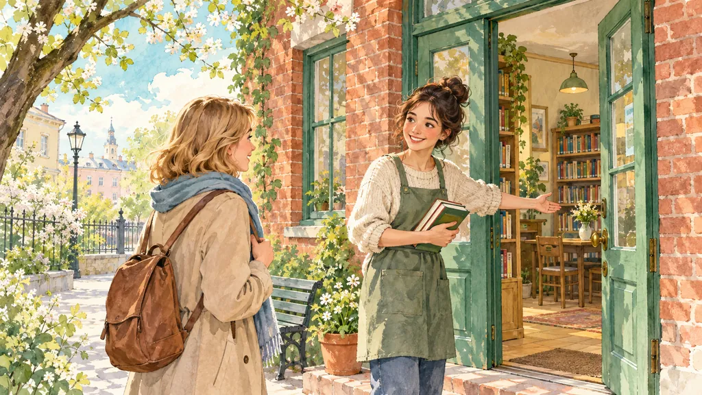 Illustrated scene with two people meeting outside a bookshop